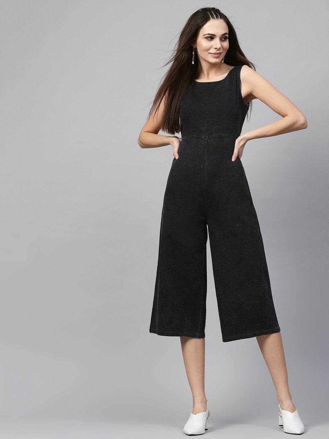 Women's Back Denim Wrap Culottes Jumpsuit
