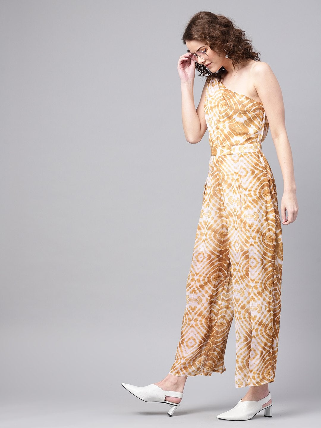 Women's Mustard & White One Shoulder Jumpsuit