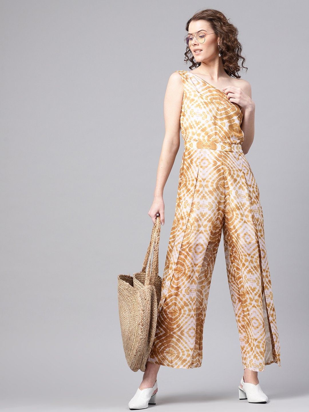 Women's Mustard & White One Shoulder Jumpsuit