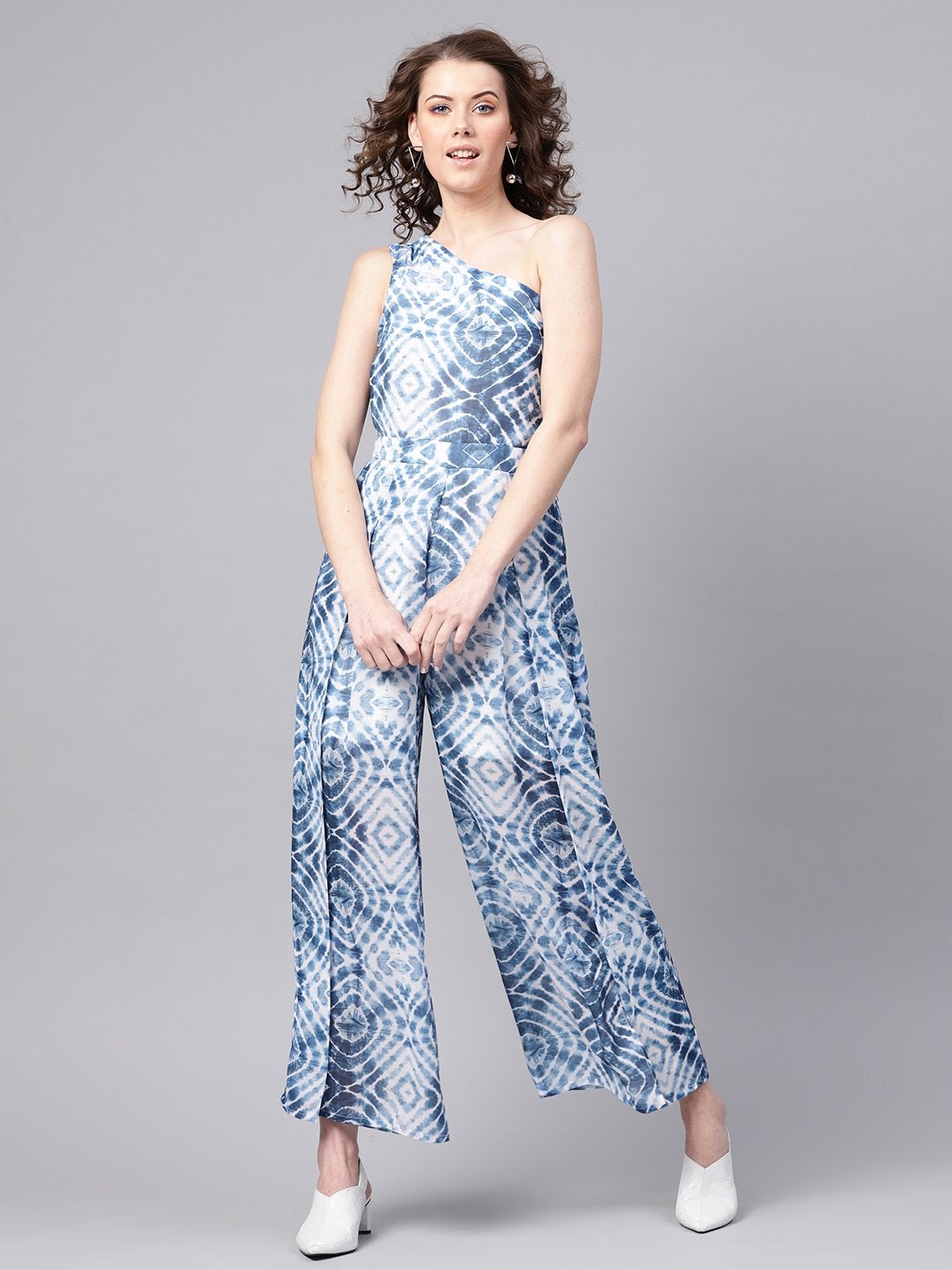 Women's Blue & White One Shoulder Jumpsuit