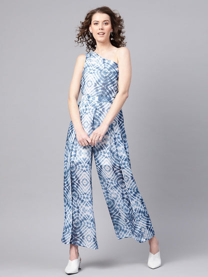 Women's Blue & White One Shoulder Jumpsuit