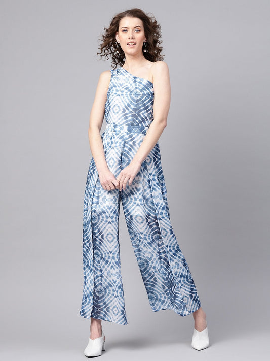 Women's Blue & White One Shoulder Jumpsuit
