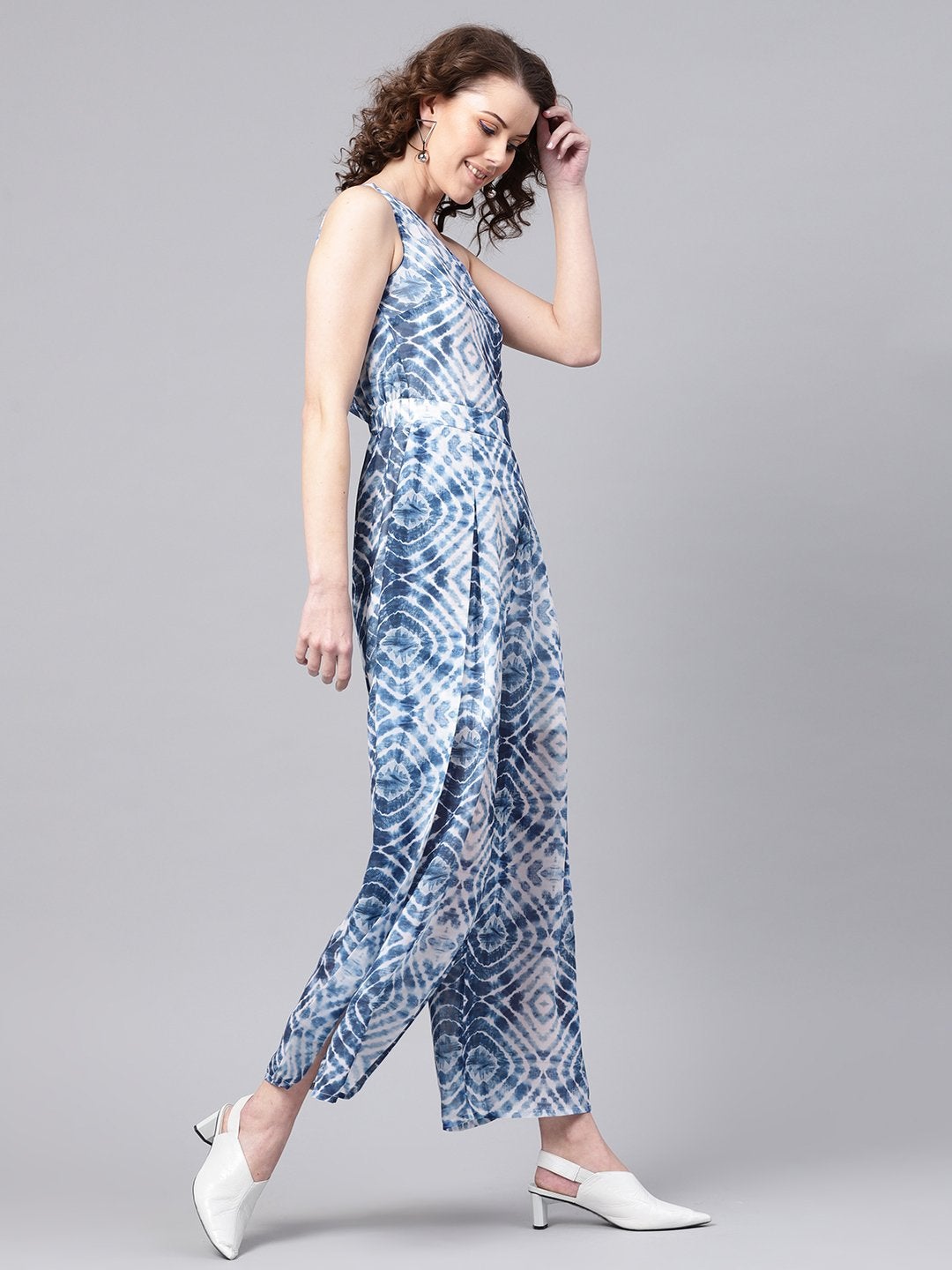 Women's Blue & White One Shoulder Jumpsuit