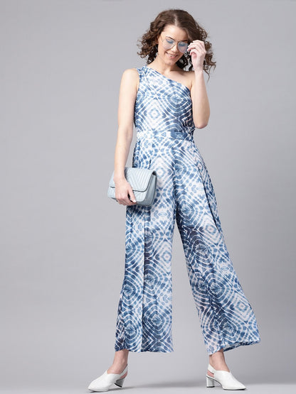 Women's Blue & White One Shoulder Jumpsuit