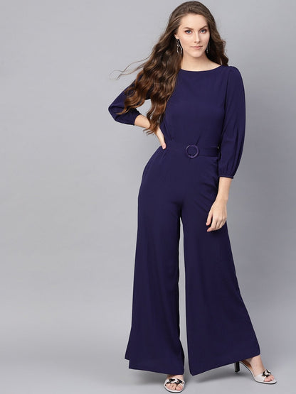 Women's Navy Buckle Belt Jumpsuit