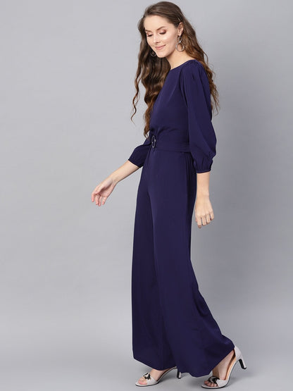 Women's Navy Buckle Belt Jumpsuit