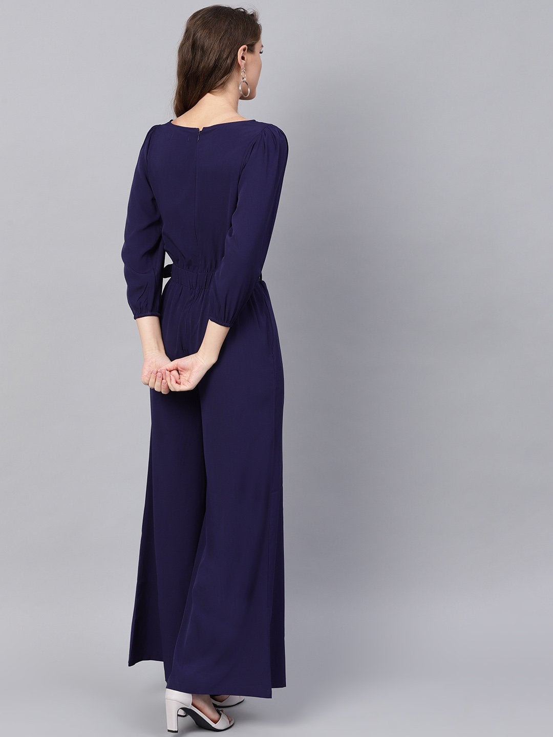 Women's Navy Buckle Belt Jumpsuit