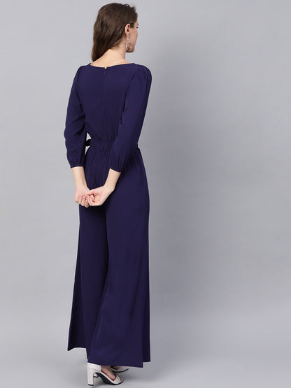 Women's Navy Buckle Belt Jumpsuit
