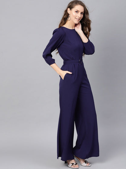 Women's Navy Buckle Belt Jumpsuit