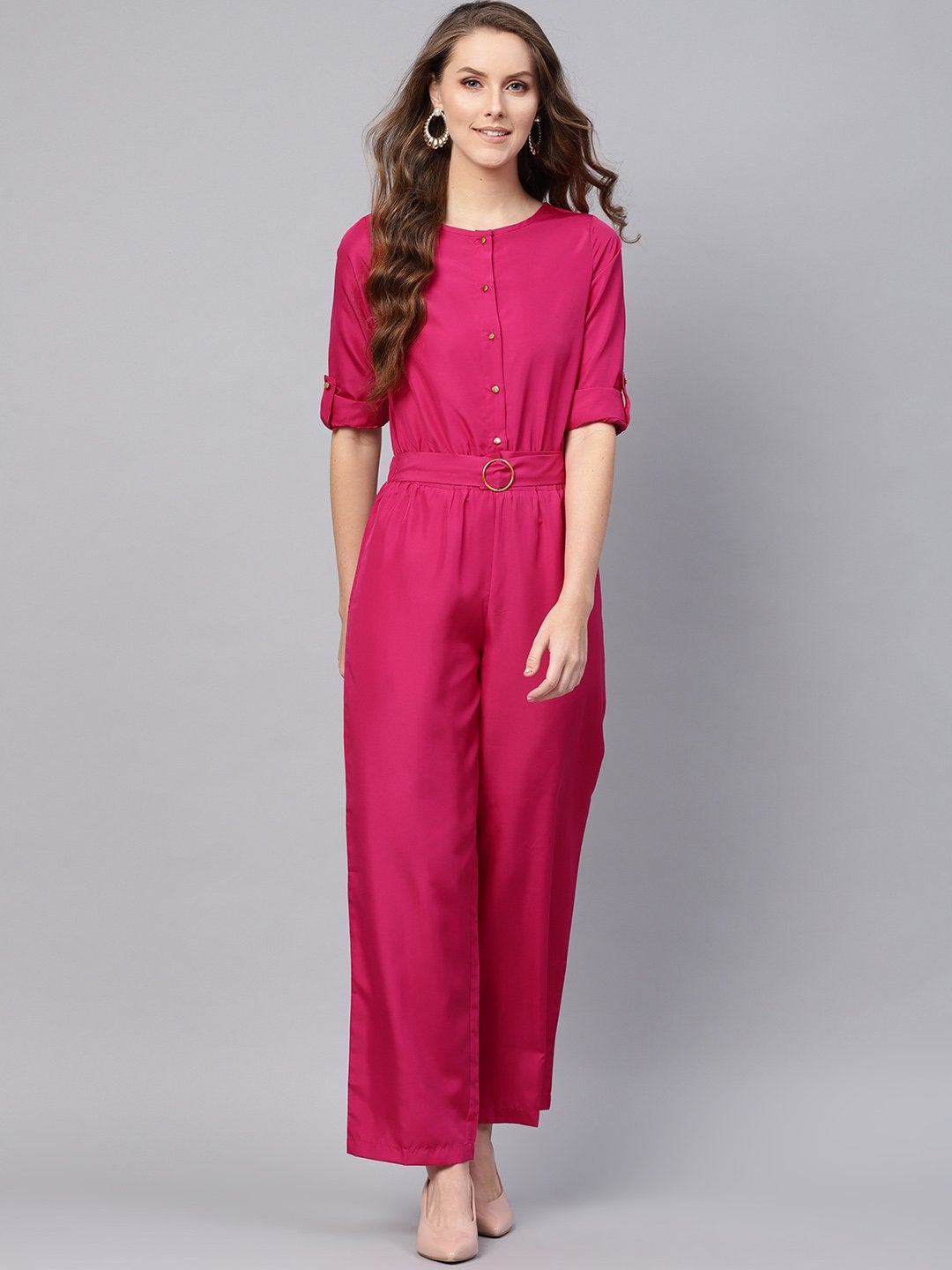 Women's Fuchsia Palazzo Buckle Belt Jumpsuit