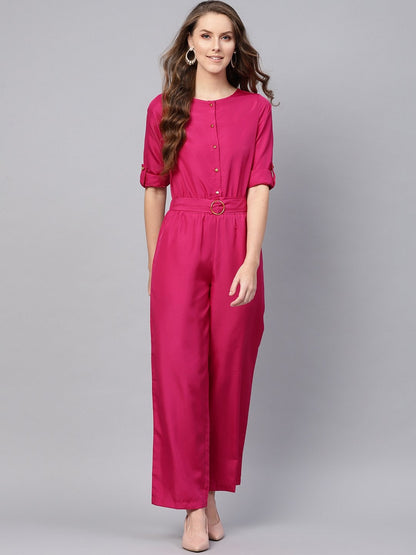 Women's Fuchsia Palazzo Buckle Belt Jumpsuit