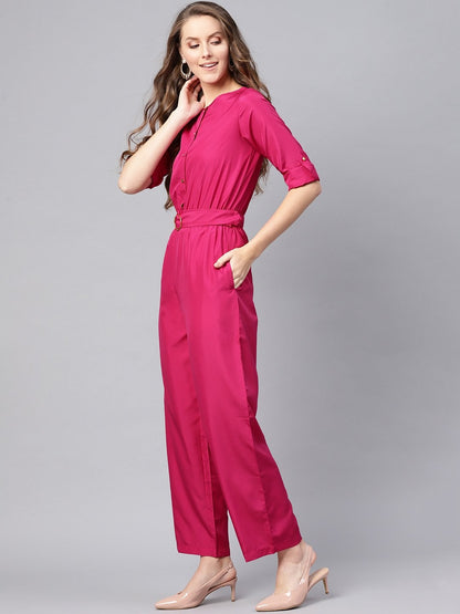 Women's Fuchsia Palazzo Buckle Belt Jumpsuit