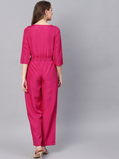 Women's Fuchsia Palazzo Buckle Belt Jumpsuit