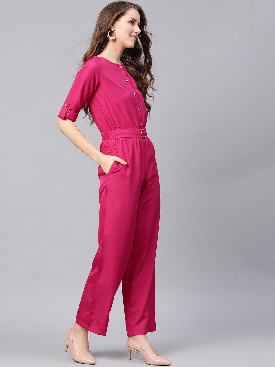 Women's Fuchsia Palazzo Buckle Belt Jumpsuit