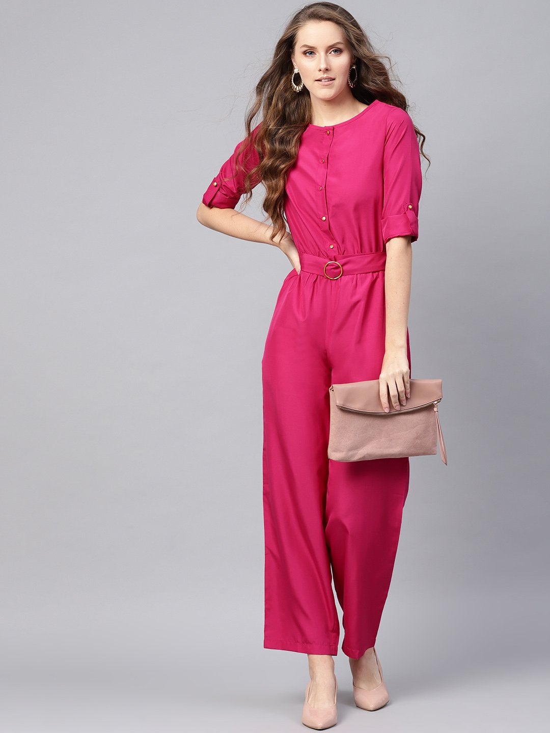 Women's Fuchsia Palazzo Buckle Belt Jumpsuit