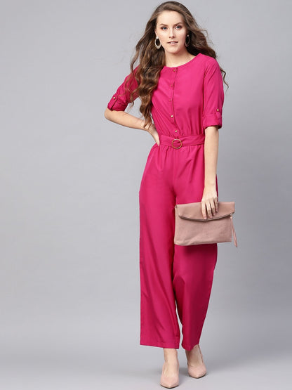 Women's Fuchsia Palazzo Buckle Belt Jumpsuit