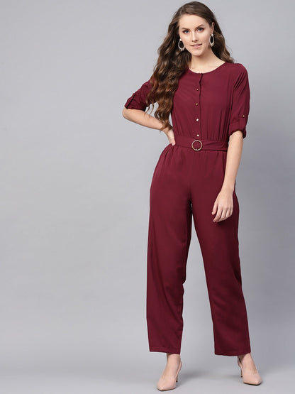 Women's Wine Palazzo Buckle Belt Jumpsuit