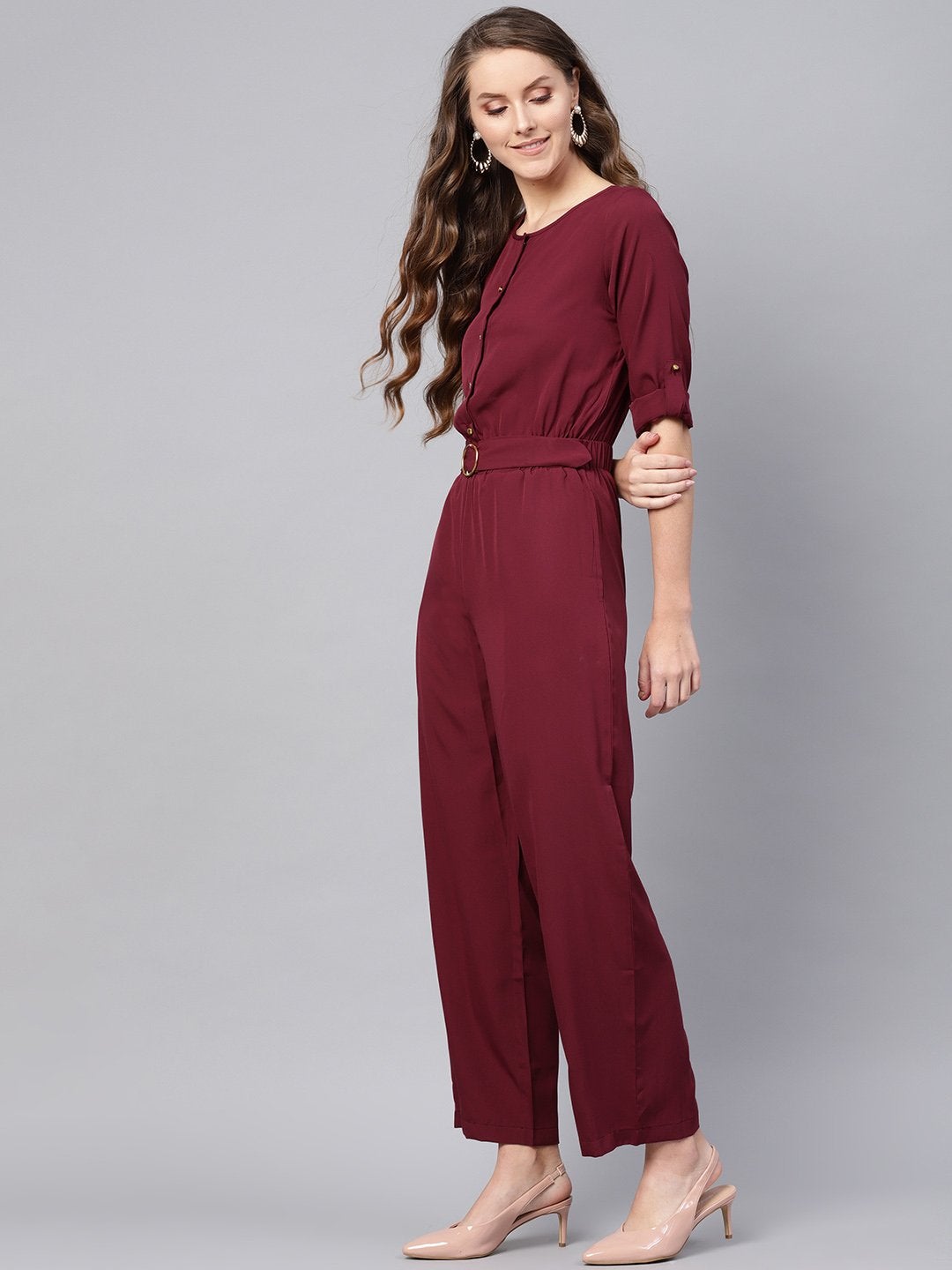 Women's Wine Palazzo Buckle Belt Jumpsuit