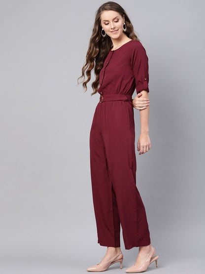 Women's Wine Palazzo Buckle Belt Jumpsuit