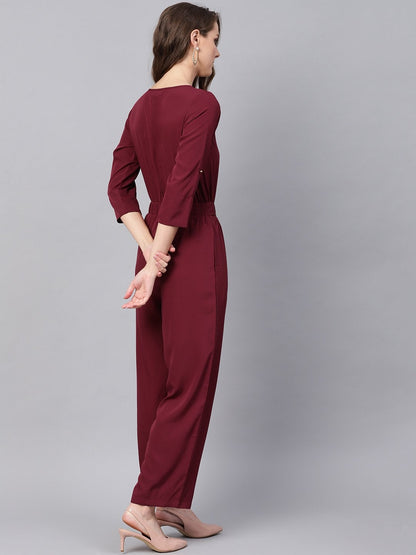 Women's Wine Palazzo Buckle Belt Jumpsuit