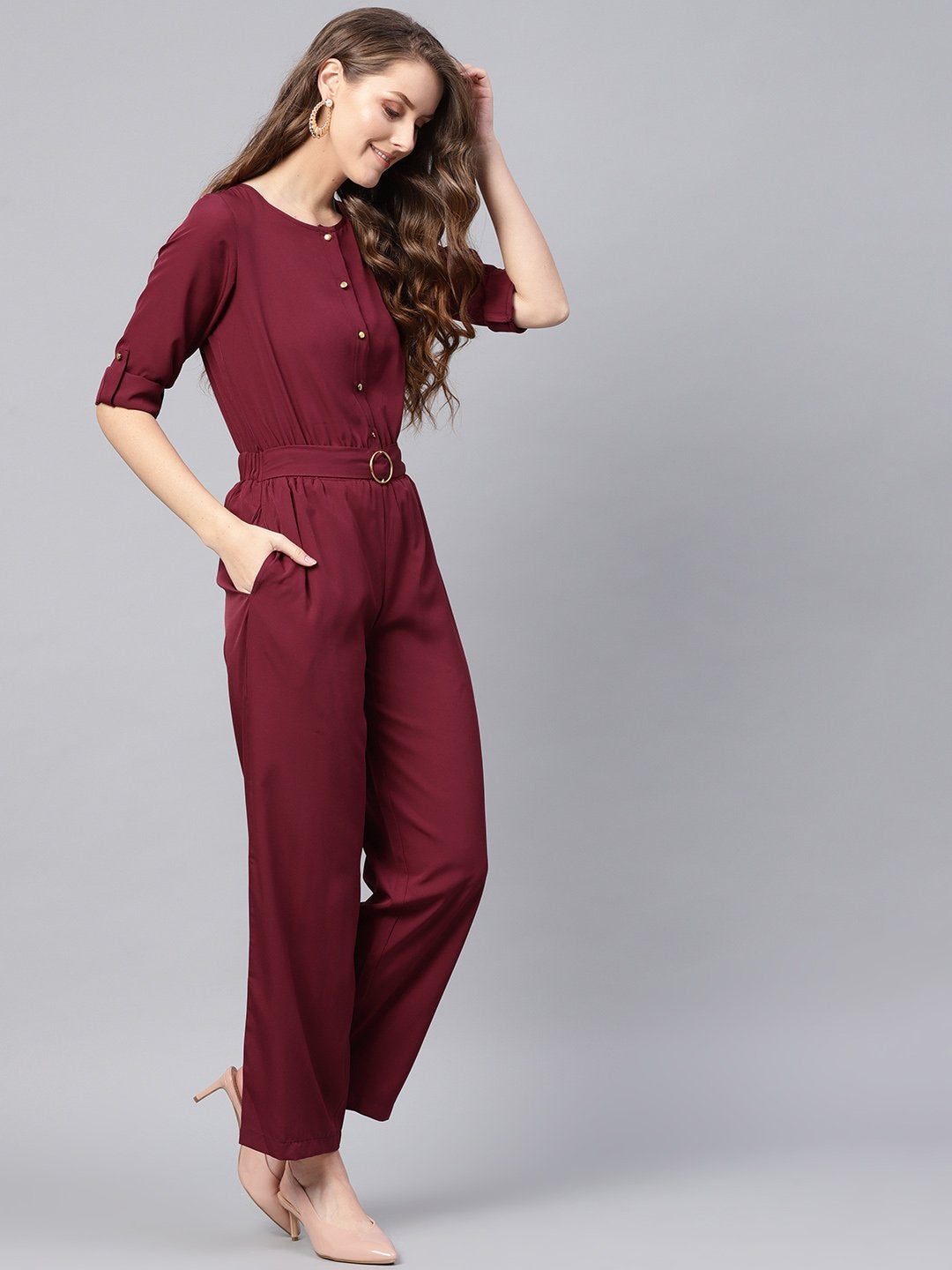 Women's Wine Palazzo Buckle Belt Jumpsuit