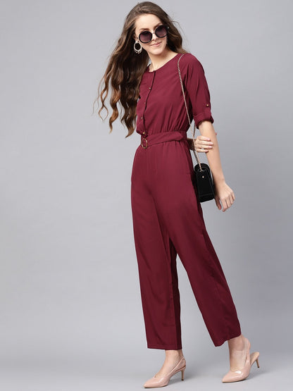 Women's Wine Palazzo Buckle Belt Jumpsuit