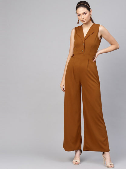 Women's Brown Collared Flare Leg Jumpsuit