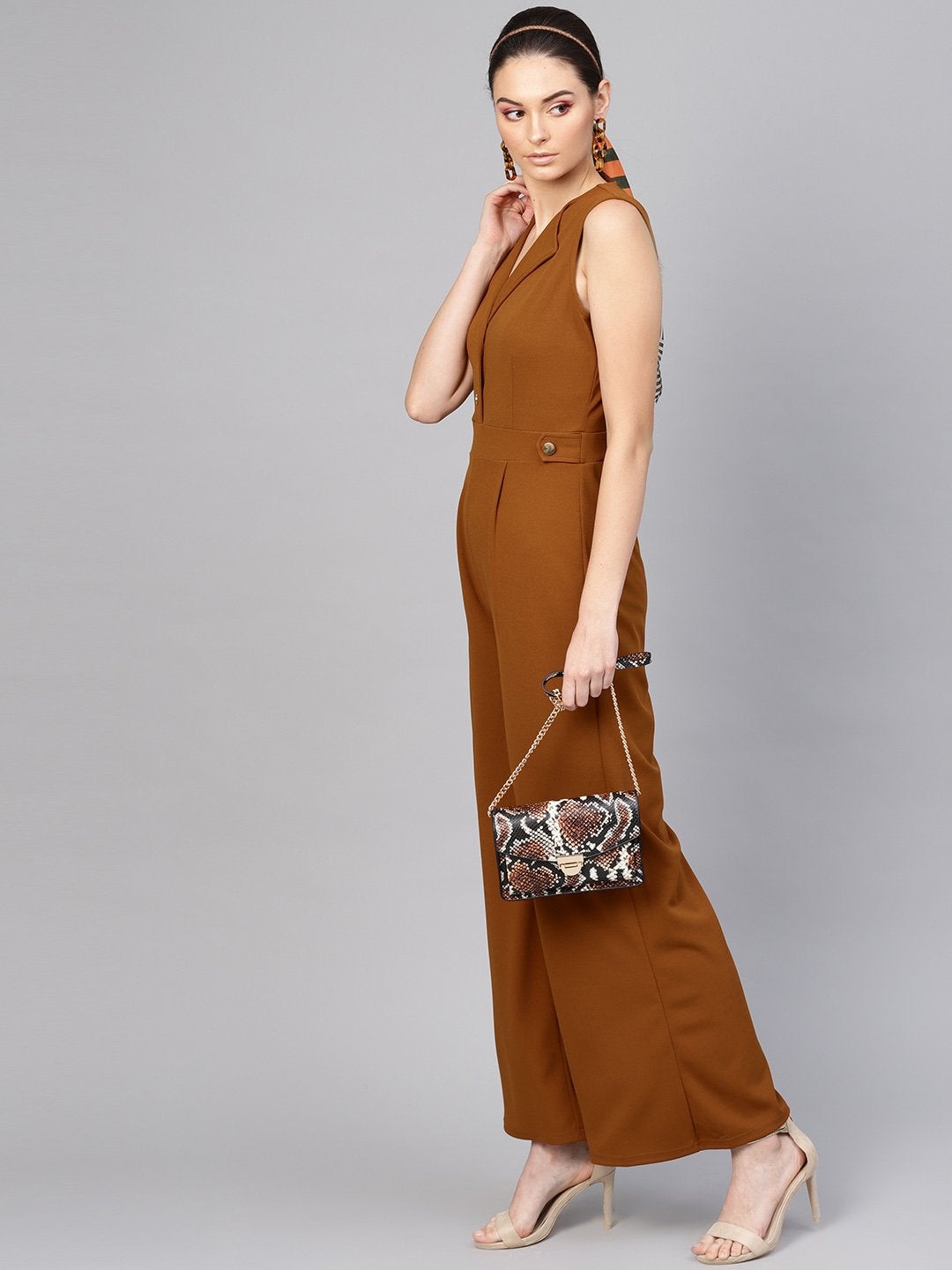 Women's Brown Collared Flare Leg Jumpsuit