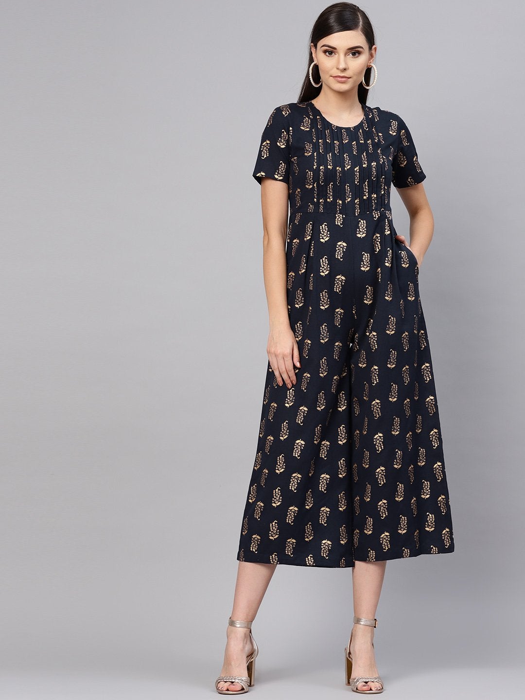 Women's Navy Paisely Pleated Jumpsuit