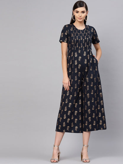 Women's Navy Paisely Pleated Jumpsuit