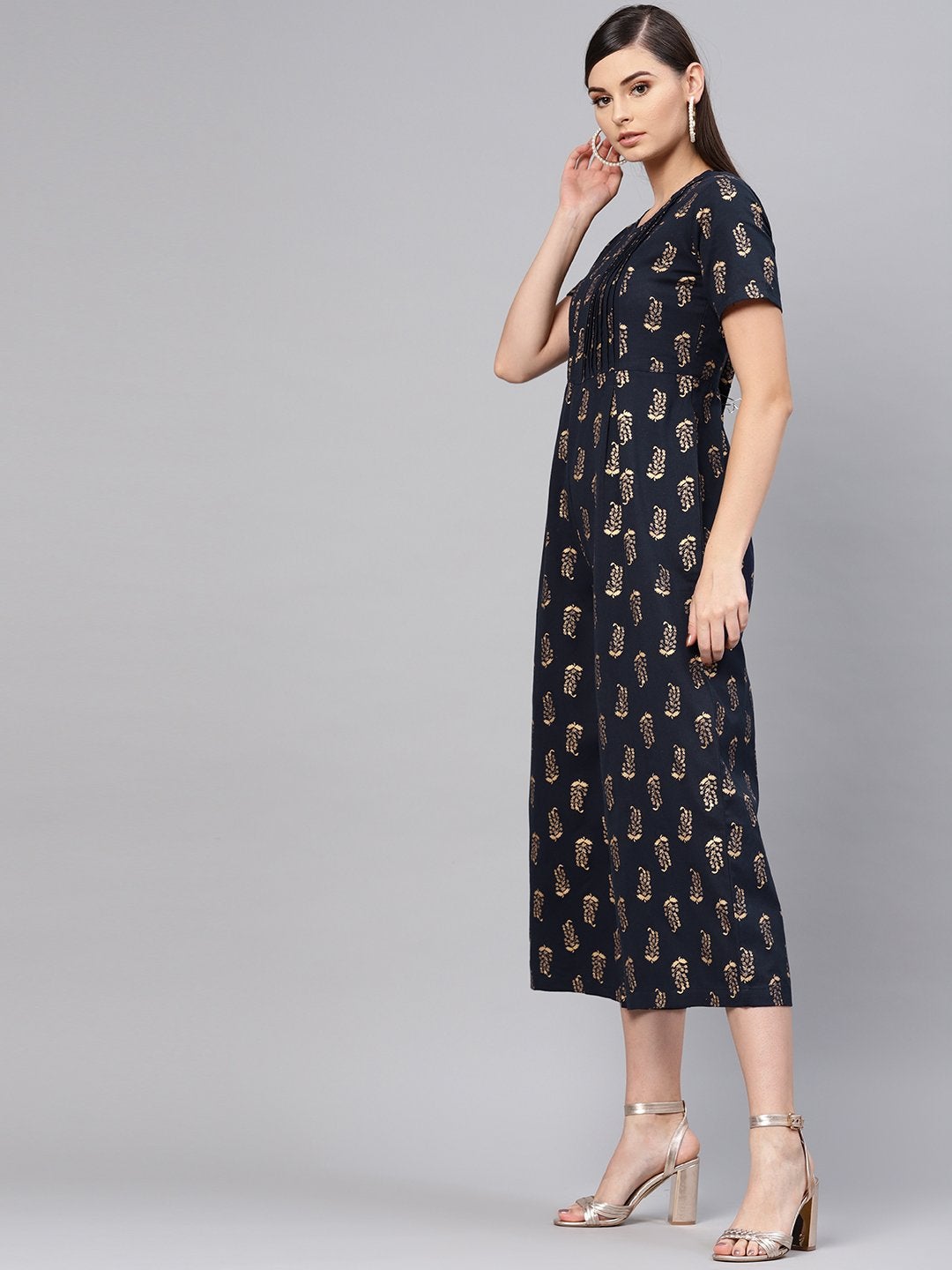 Women's Navy Paisely Pleated Jumpsuit