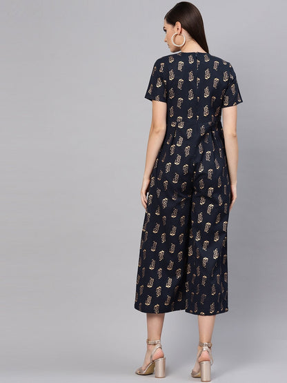 Women's Navy Paisely Pleated Jumpsuit