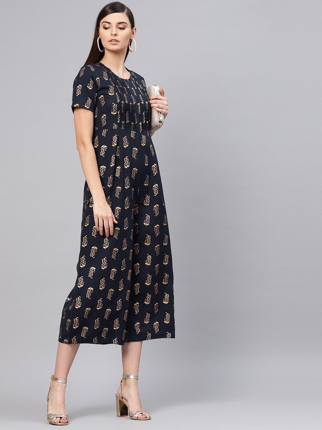 Women's Navy Paisely Pleated Jumpsuit