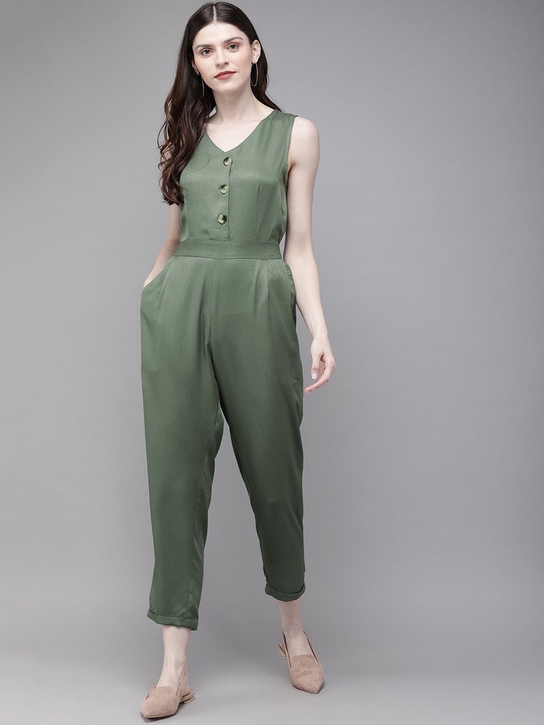 Women's Olive Sleevless Tapered Belted Jumpsuit