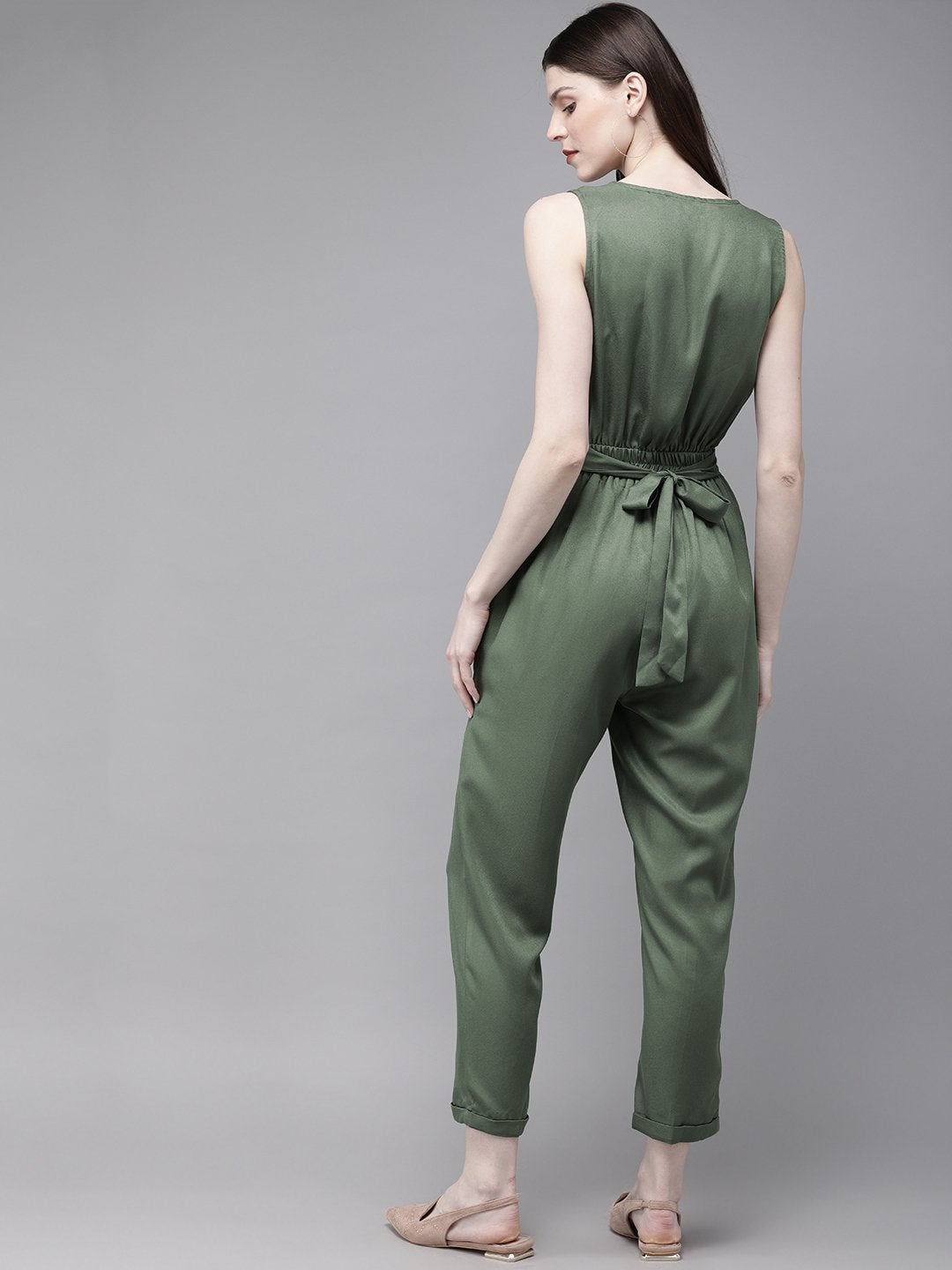 Women's Olive Sleevless Tapered Belted Jumpsuit