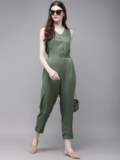 Women's Olive Sleevless Tapered Belted Jumpsuit