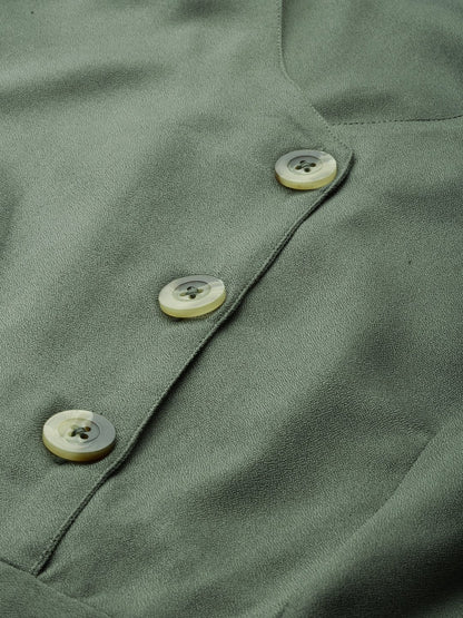 Women's Olive Sleevless Tapered Belted Jumpsuit