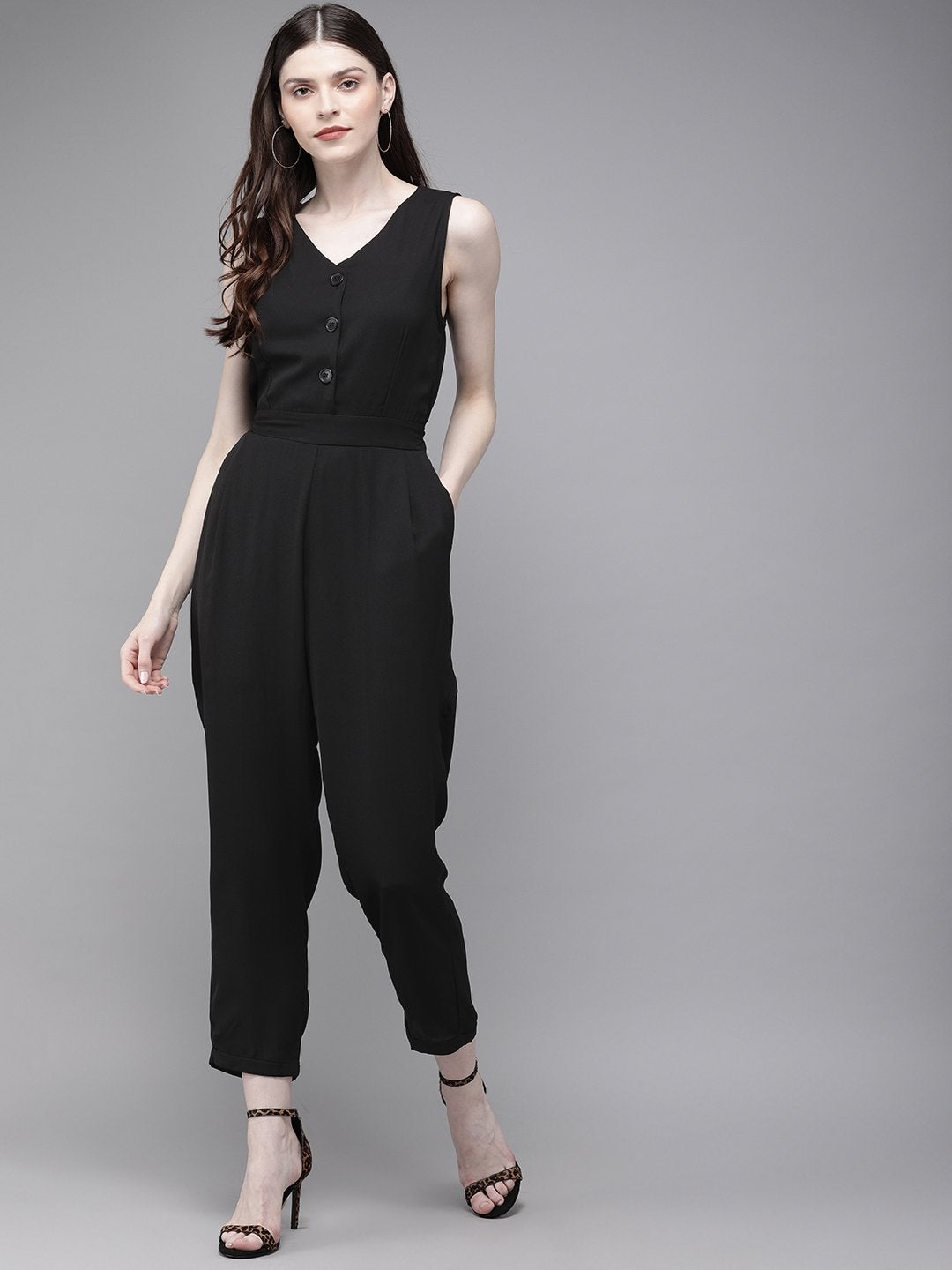 Women's Black Sleevless Tapered Belted Jumpsuit