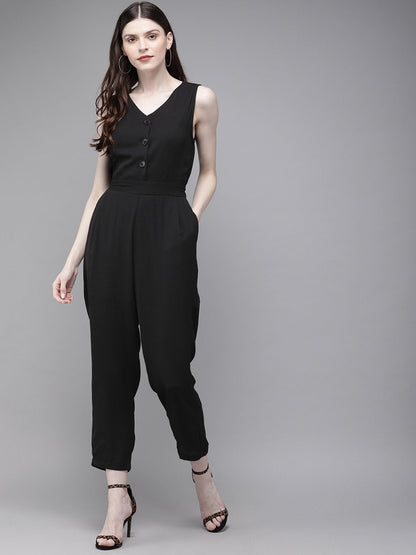 Women's Black Sleevless Tapered Belted Jumpsuit
