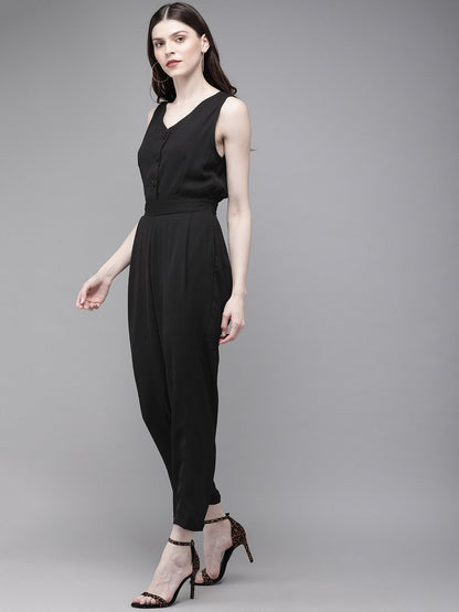 Women's Black Sleevless Tapered Belted Jumpsuit