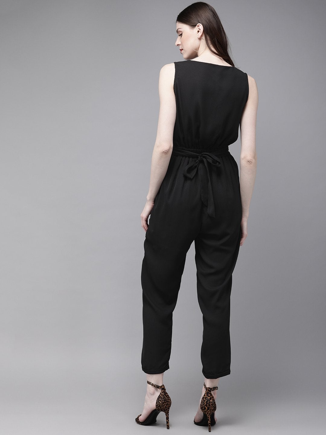 Women's Black Sleevless Tapered Belted Jumpsuit