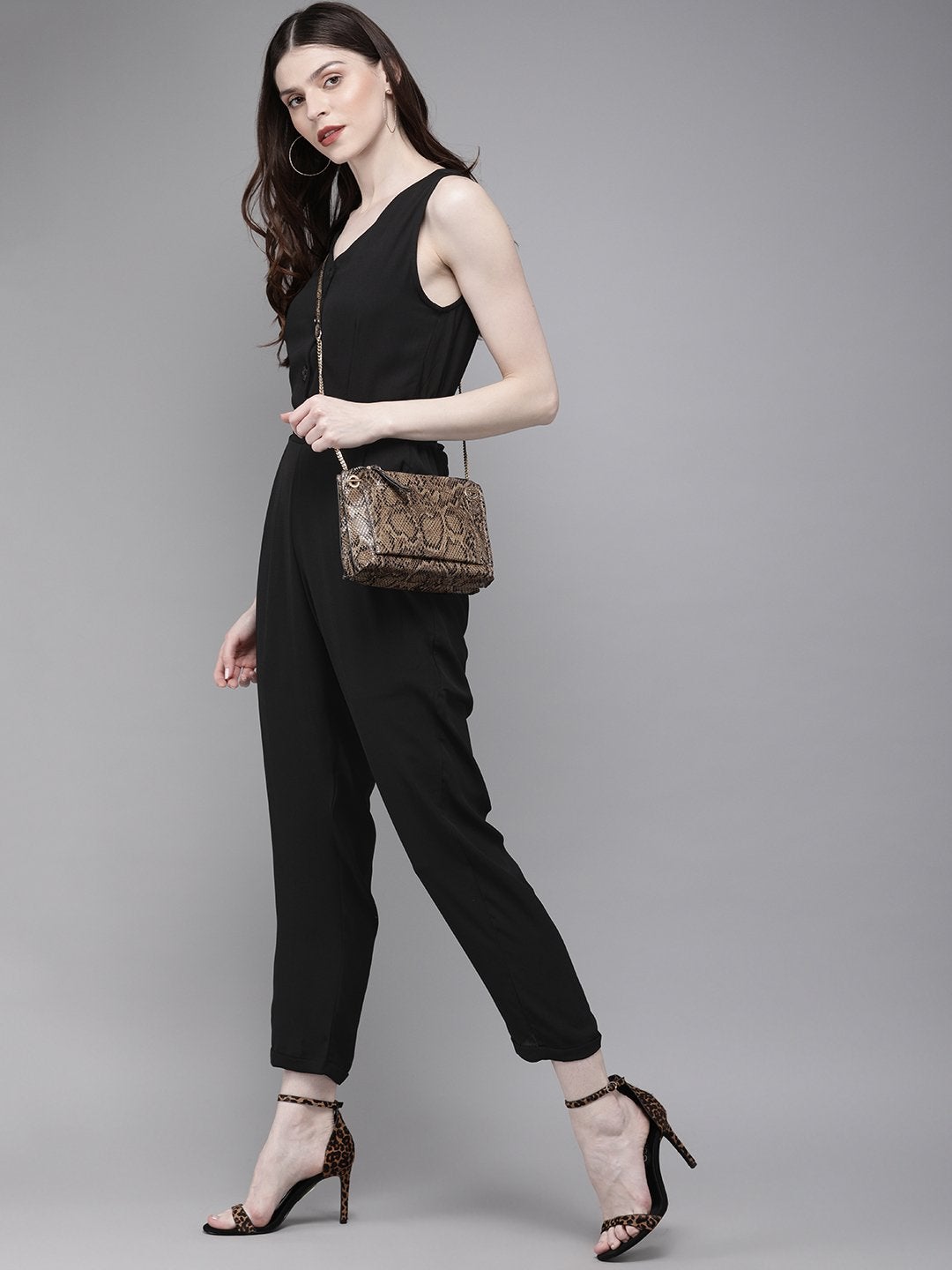 Women's Black Sleevless Tapered Belted Jumpsuit