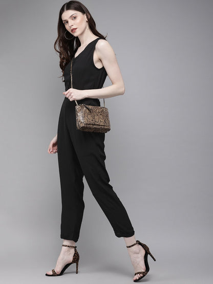Women's Black Sleevless Tapered Belted Jumpsuit