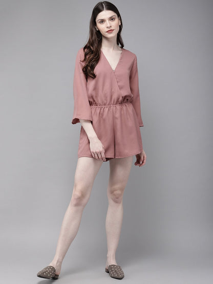 Women's Baked Pink Long Sleeve Wrap Playsuit
