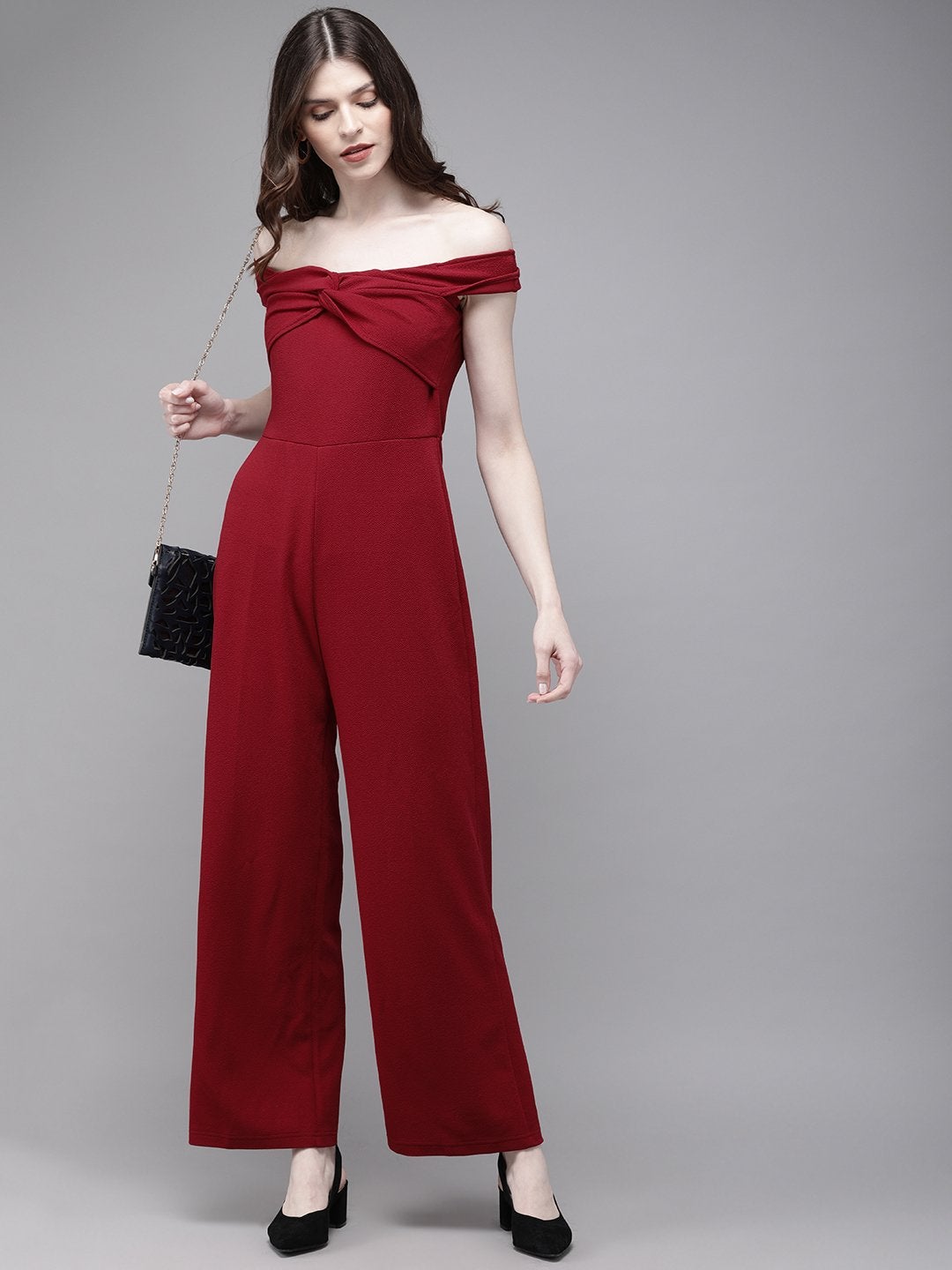 Women's Maroon Off Shoulder Jumpsuit