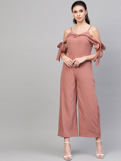 Women's Baked Pink Tie Up Sleeve Detail Jumpsuit