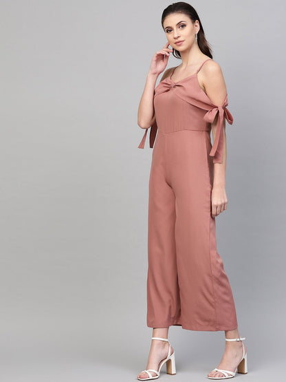 Women's Baked Pink Tie Up Sleeve Detail Jumpsuit