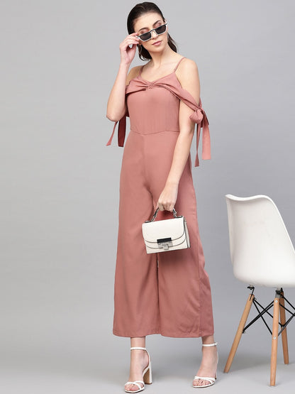 Women's Baked Pink Tie Up Sleeve Detail Jumpsuit