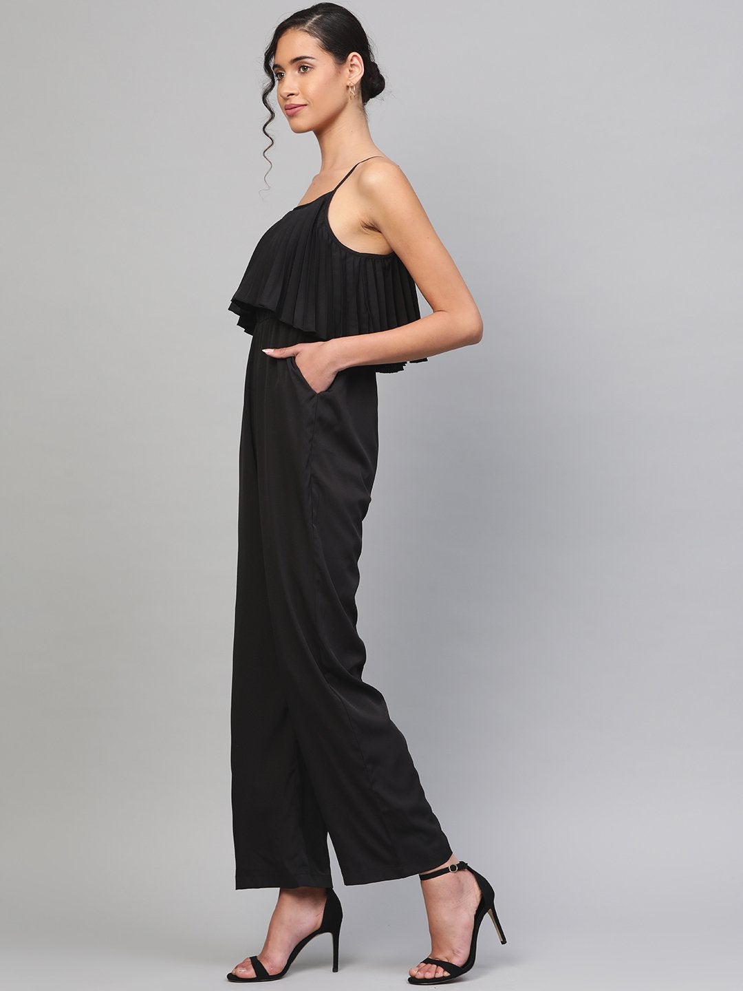 Women's Black Pleated Palazzo Jumpsuit