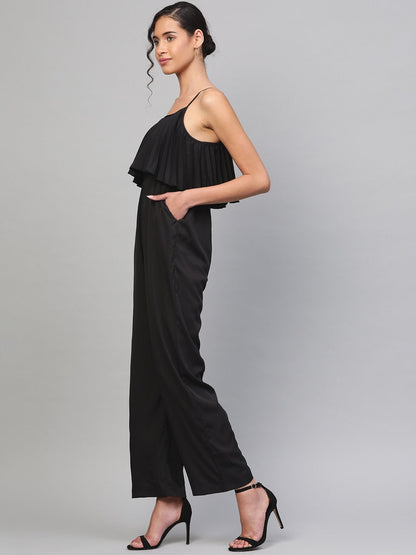 Women's Black Pleated Palazzo Jumpsuit
